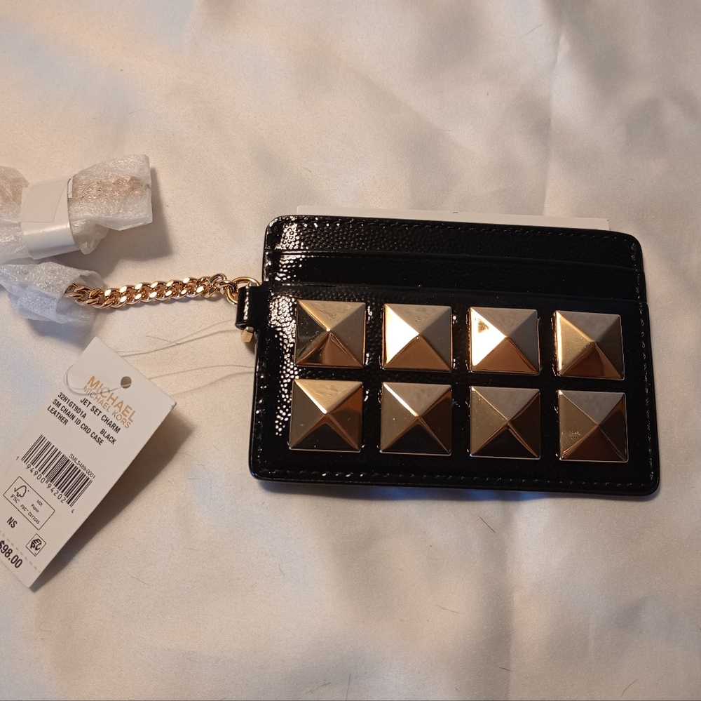 Michael Kors pyramid leather card holder with chain. Black